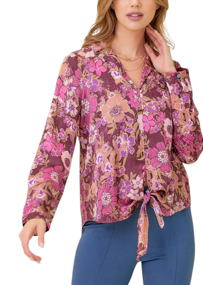 Moody Fuchsia and Floral Mix Front Tie Satin Blouse