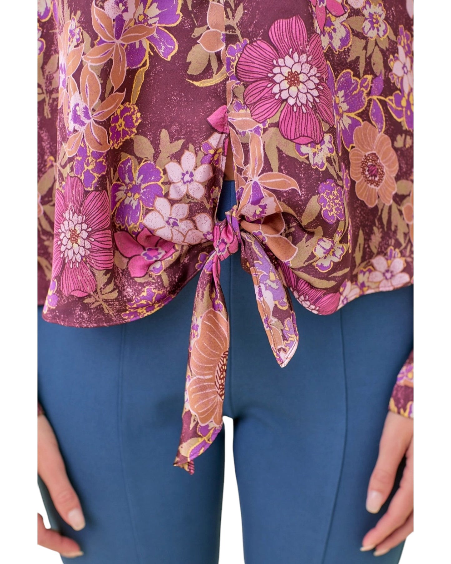 Moody Fuchsia and Floral Mix Front Tie Satin Blouse