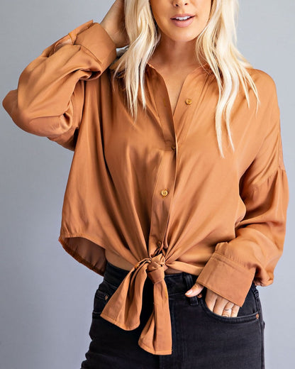 Copper Penny Front Tie Button Up Blouse