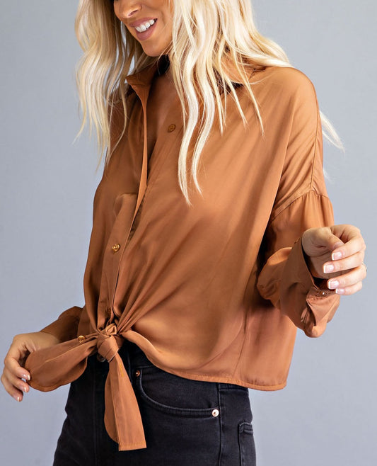 Copper Penny Front Tie Button Up Blouse