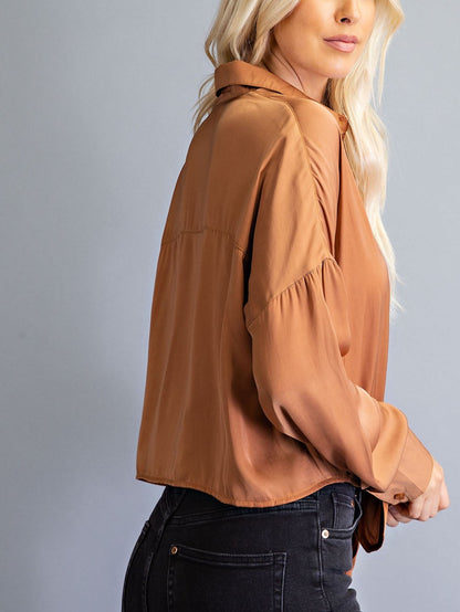 Copper Penny Front Tie Button Up Blouse