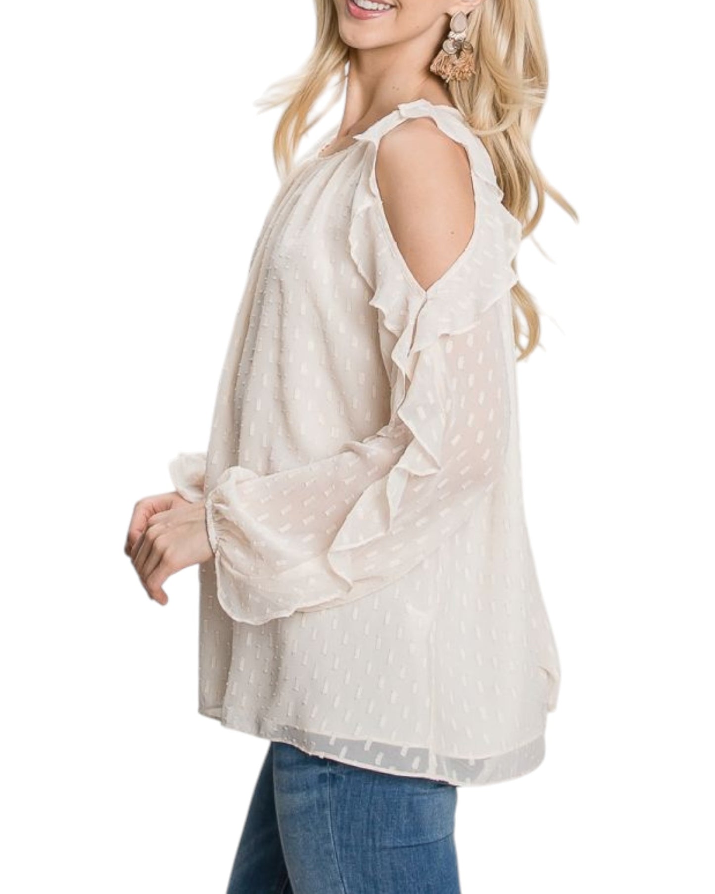 Ivory and Gold Cold Shoulder Ruffle Sleeve Blouse