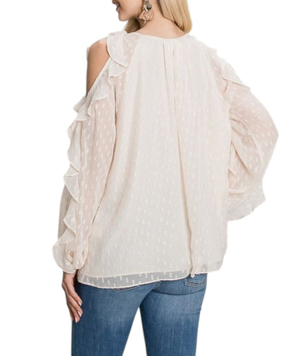 Ivory and Gold Cold Shoulder Ruffle Sleeve Blouse