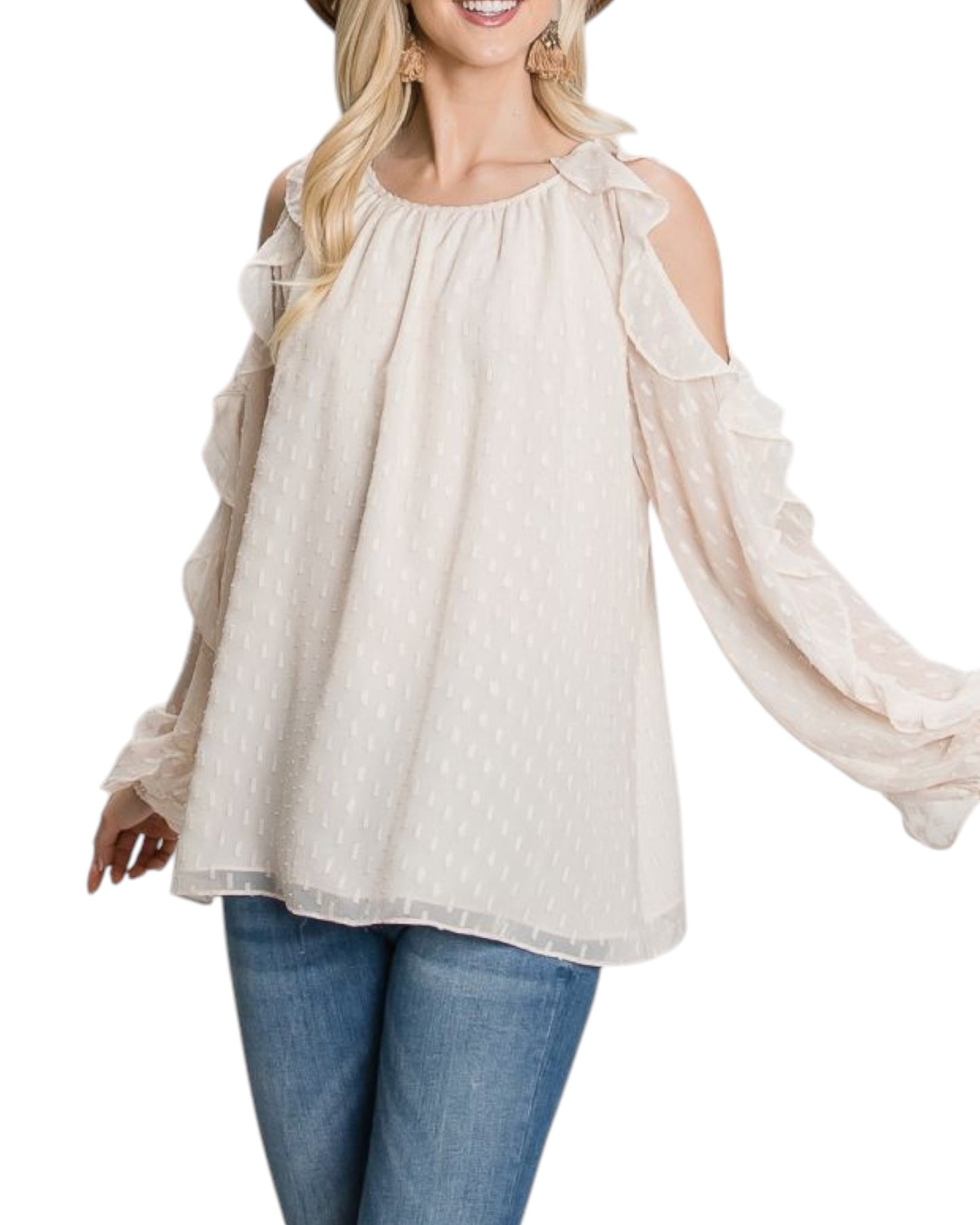 Ivory and Gold Cold Shoulder Ruffle Sleeve Blouse