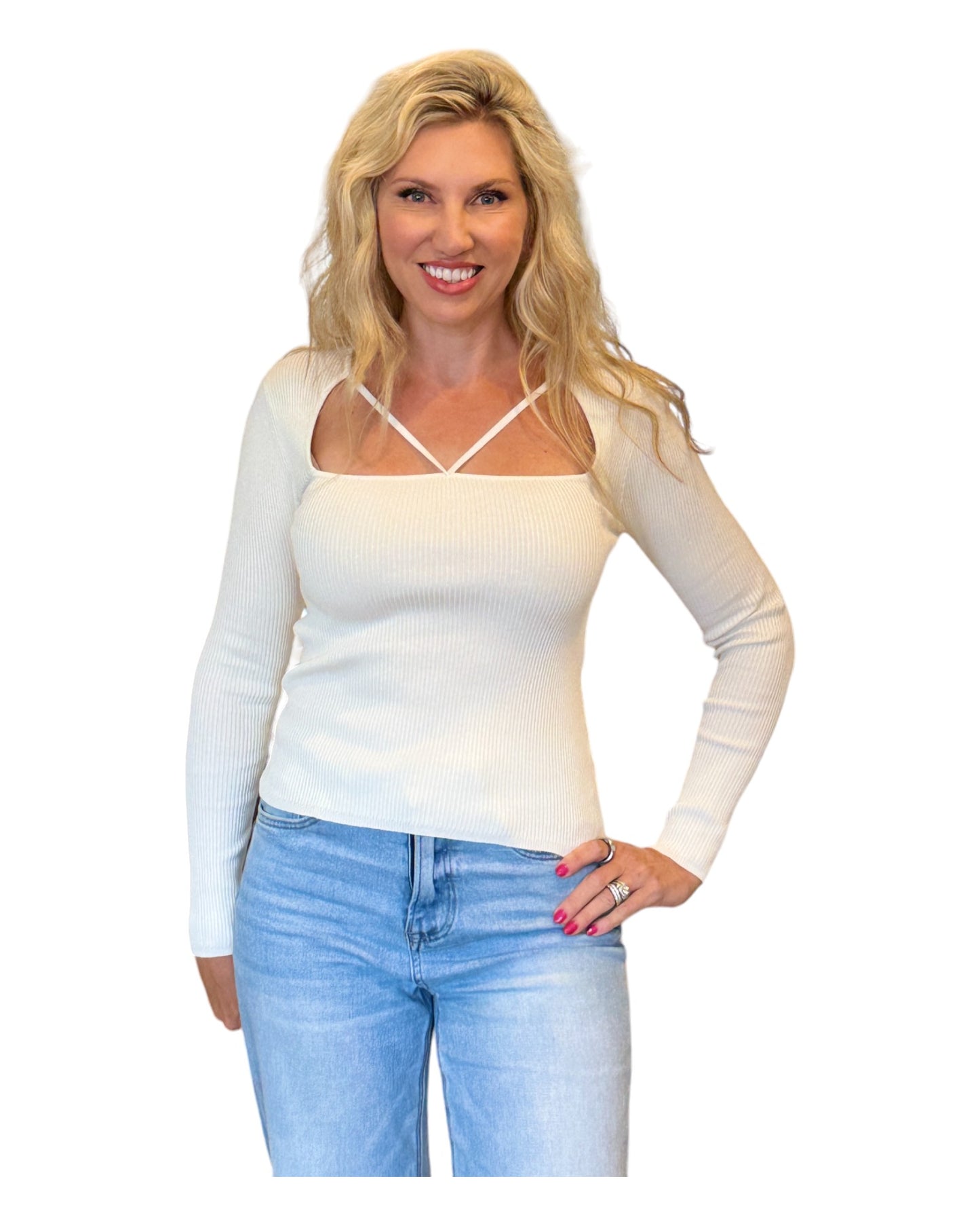 Ivory Chic V-Detail Long Sleeve Top