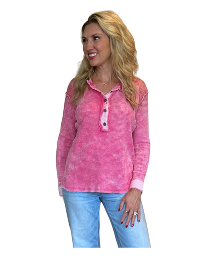 Fab Fuchsia Mineral Wash Waffle Henley Top