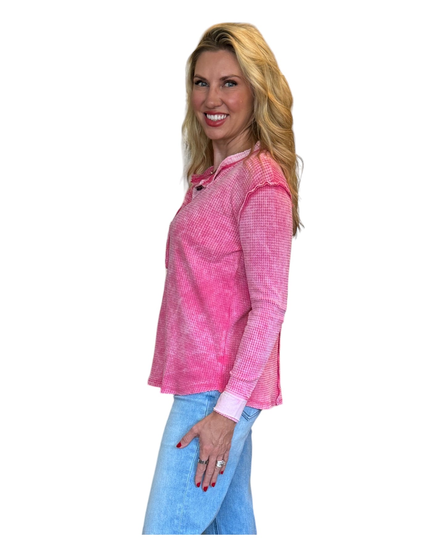 Fab Fuchsia Mineral Wash Waffle Henley Top