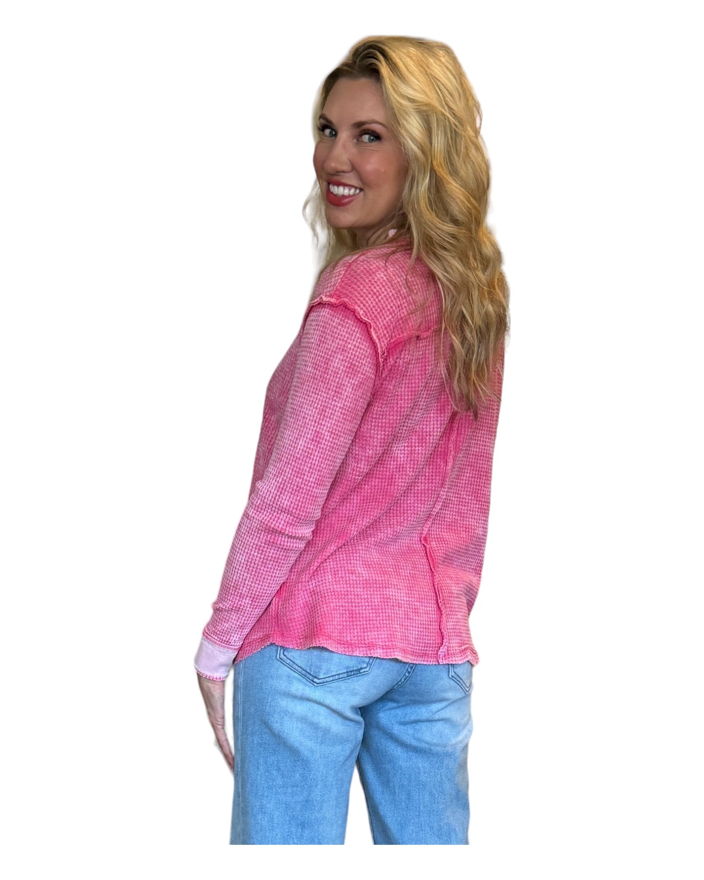 Fab Fuchsia Mineral Wash Waffle Henley Top