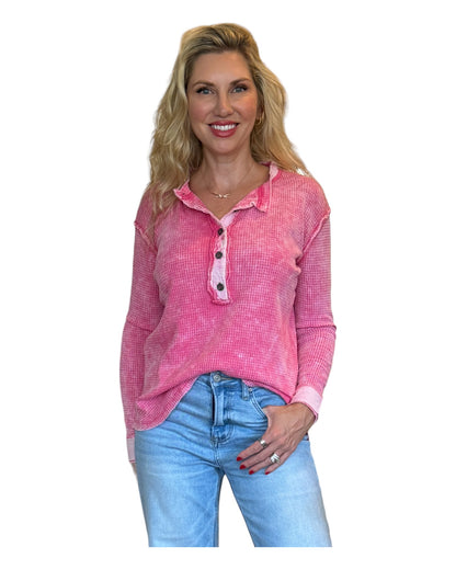 Fab Fuchsia Mineral Wash Waffle Henley Top