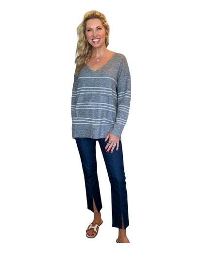 Heather Grey & Silver Oversized Striped V-Neck Sweater