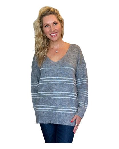 Heather Grey & Silver Oversized Striped V-Neck Sweater