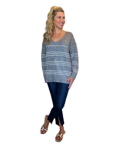 Heather Grey & Silver Oversized Striped V-Neck Sweater