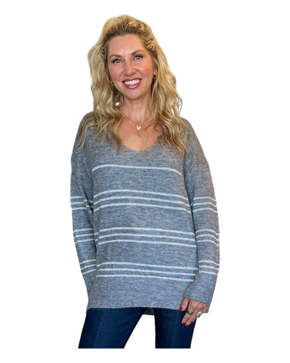 Heather Grey & Silver Oversized Striped V-Neck Sweater