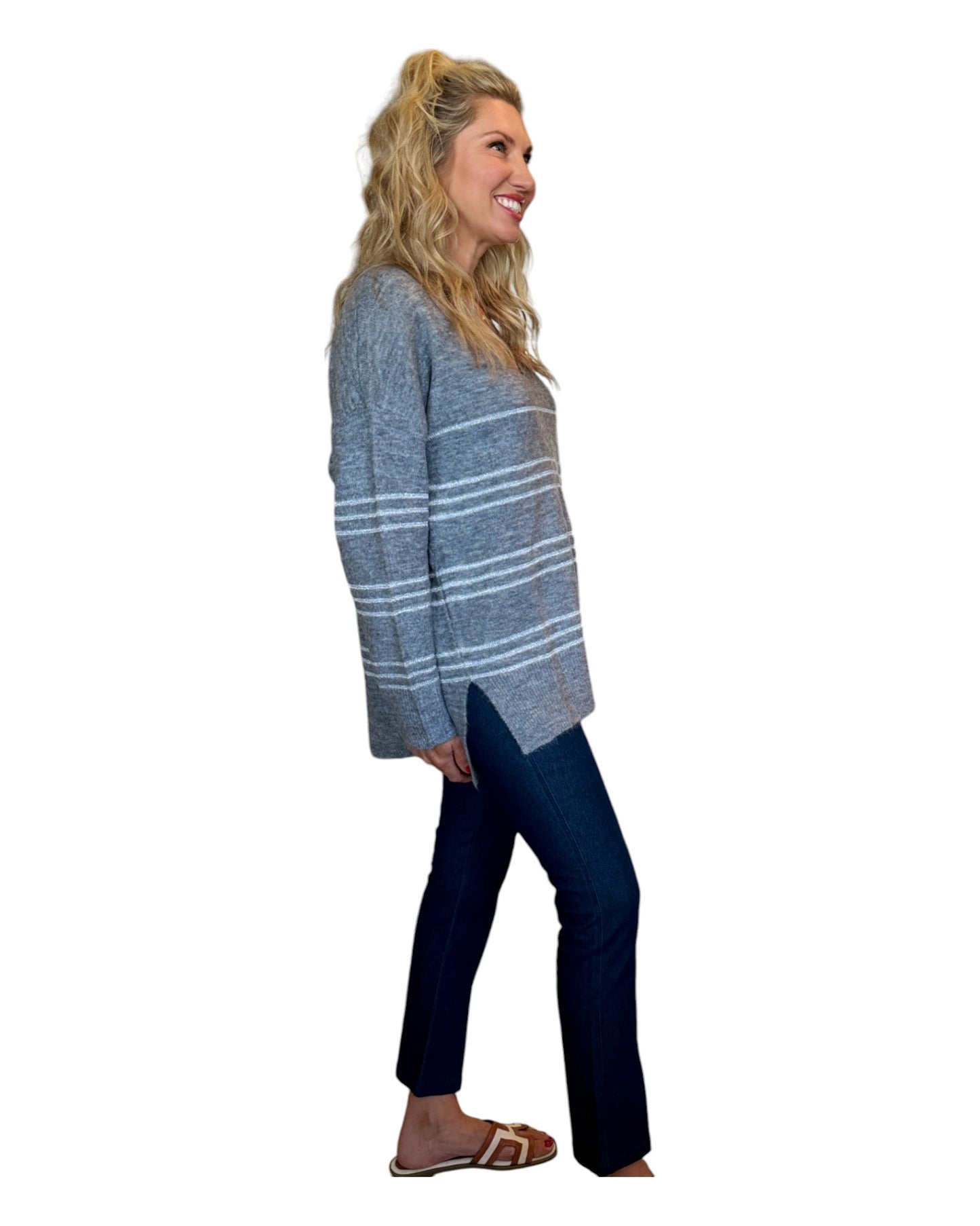 Heather Grey & Silver Oversized Striped V-Neck Sweater