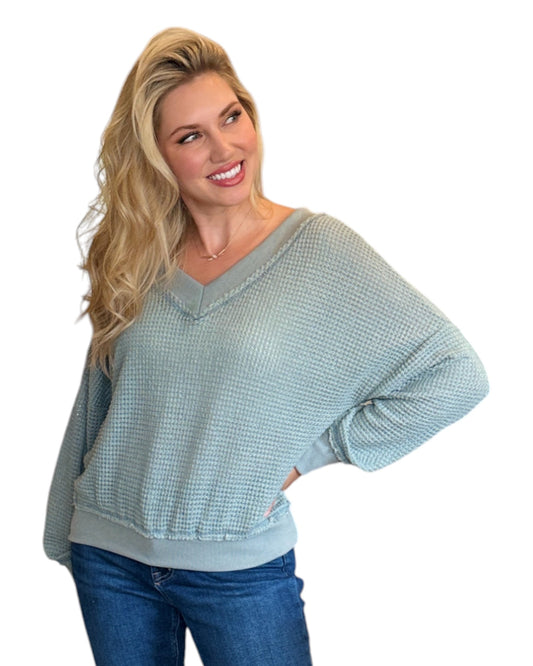 Sage Dual-V Waffle Textured Long Sleeve Top