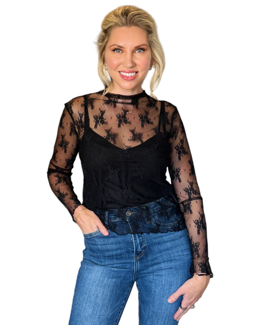 Floral Sheer Black Long Sleeve Top