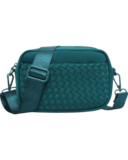 Forest Green woven neoprene crossbody bag with adjustable strap, top zip closure, and convenient side pockets.