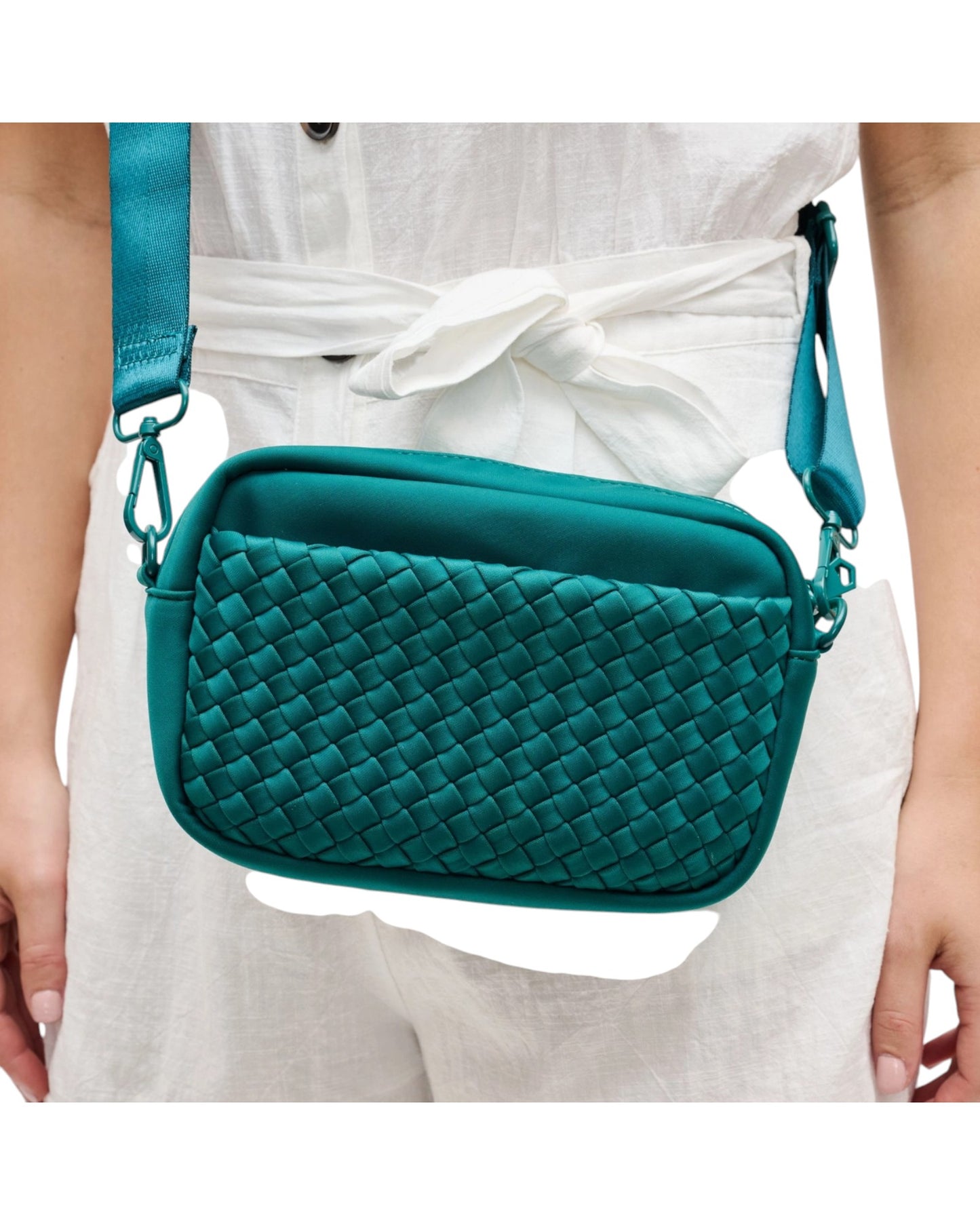 Forest Green woven neoprene crossbody bag with adjustable strap, top zip closure, and convenient side pockets.