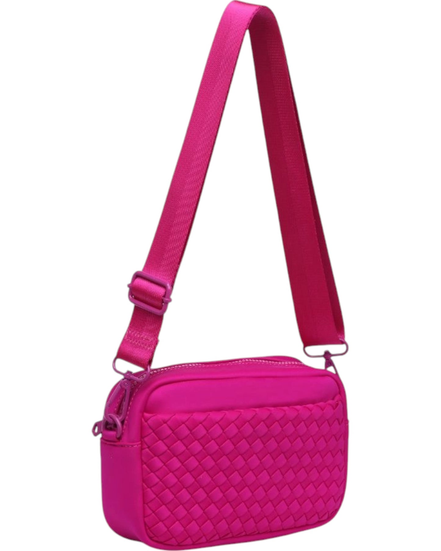 Woven neoprene crossbody bag with adjustable strap, top zip closure, and convenient side pockets.