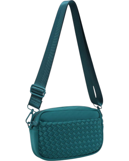 Forest Green woven neoprene crossbody bag with adjustable strap, top zip closure, and convenient side pockets.