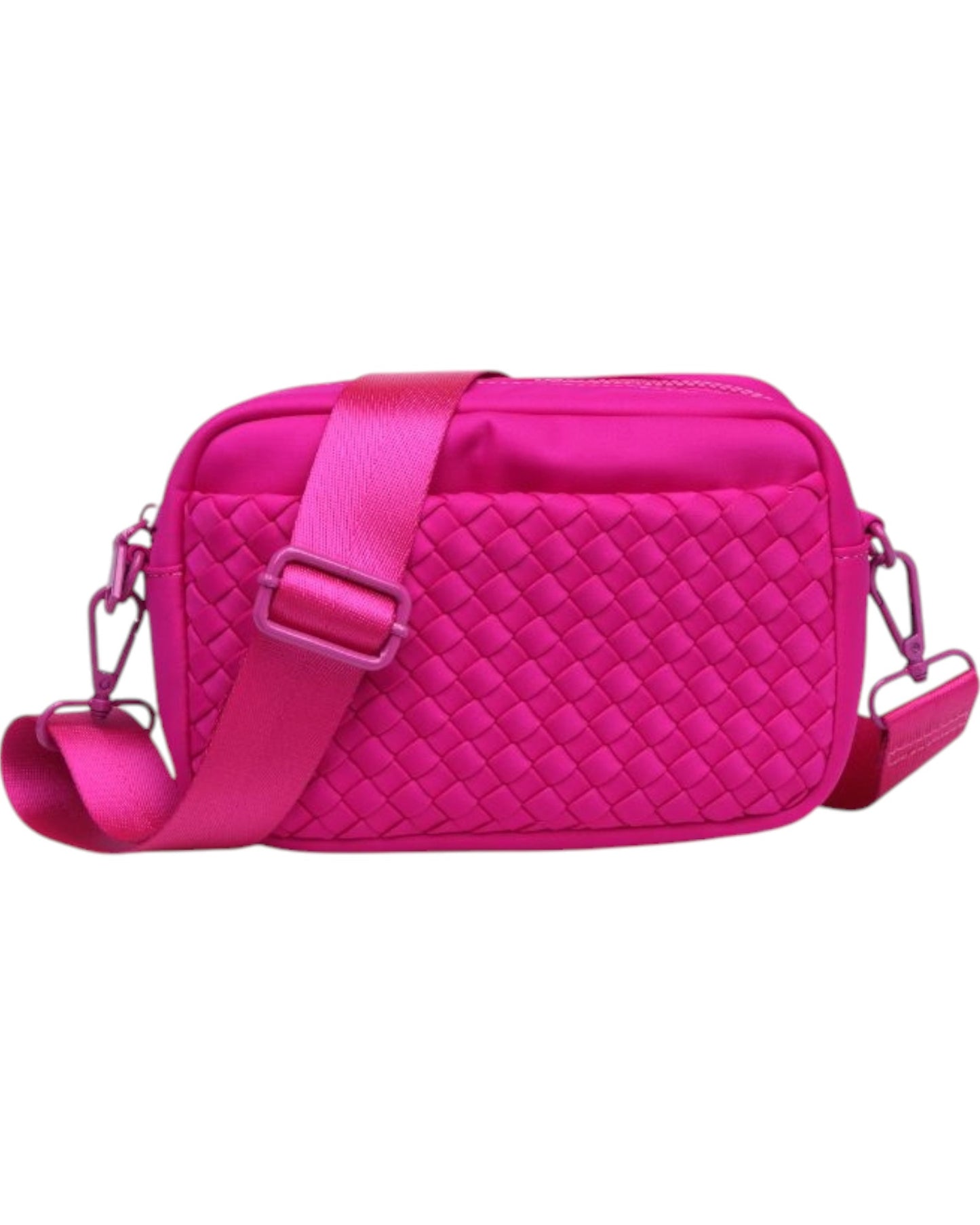 Woven neoprene crossbody bag with adjustable strap, top zip closure, and convenient side pockets.