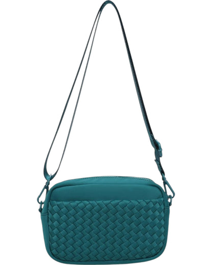 Forest Green woven neoprene crossbody bag with adjustable strap, top zip closure, and convenient side pockets.