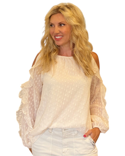 Ivory and Gold Cold Shoulder Ruffle Sleeve Blouse