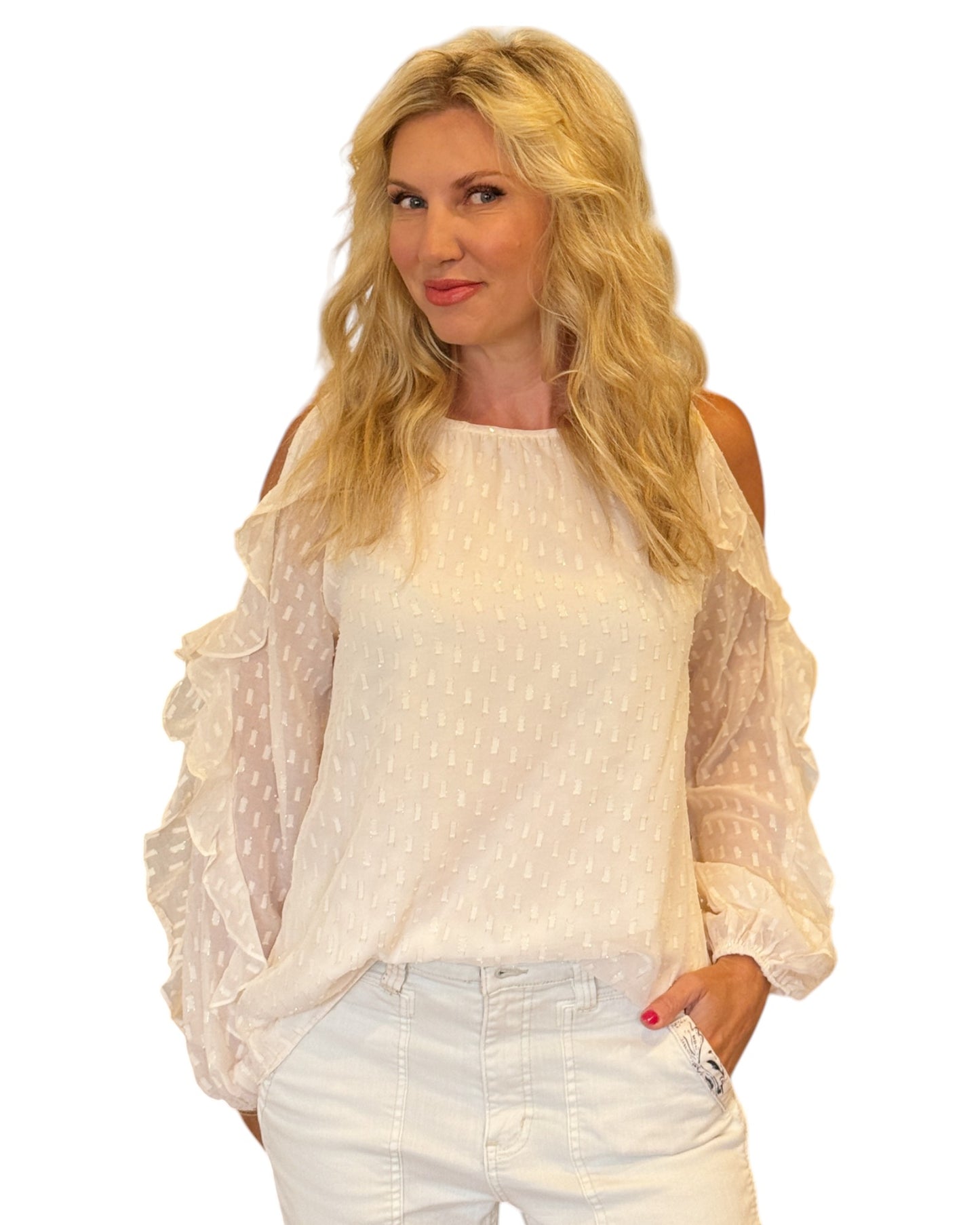 Ivory and Gold Cold Shoulder Ruffle Sleeve Blouse