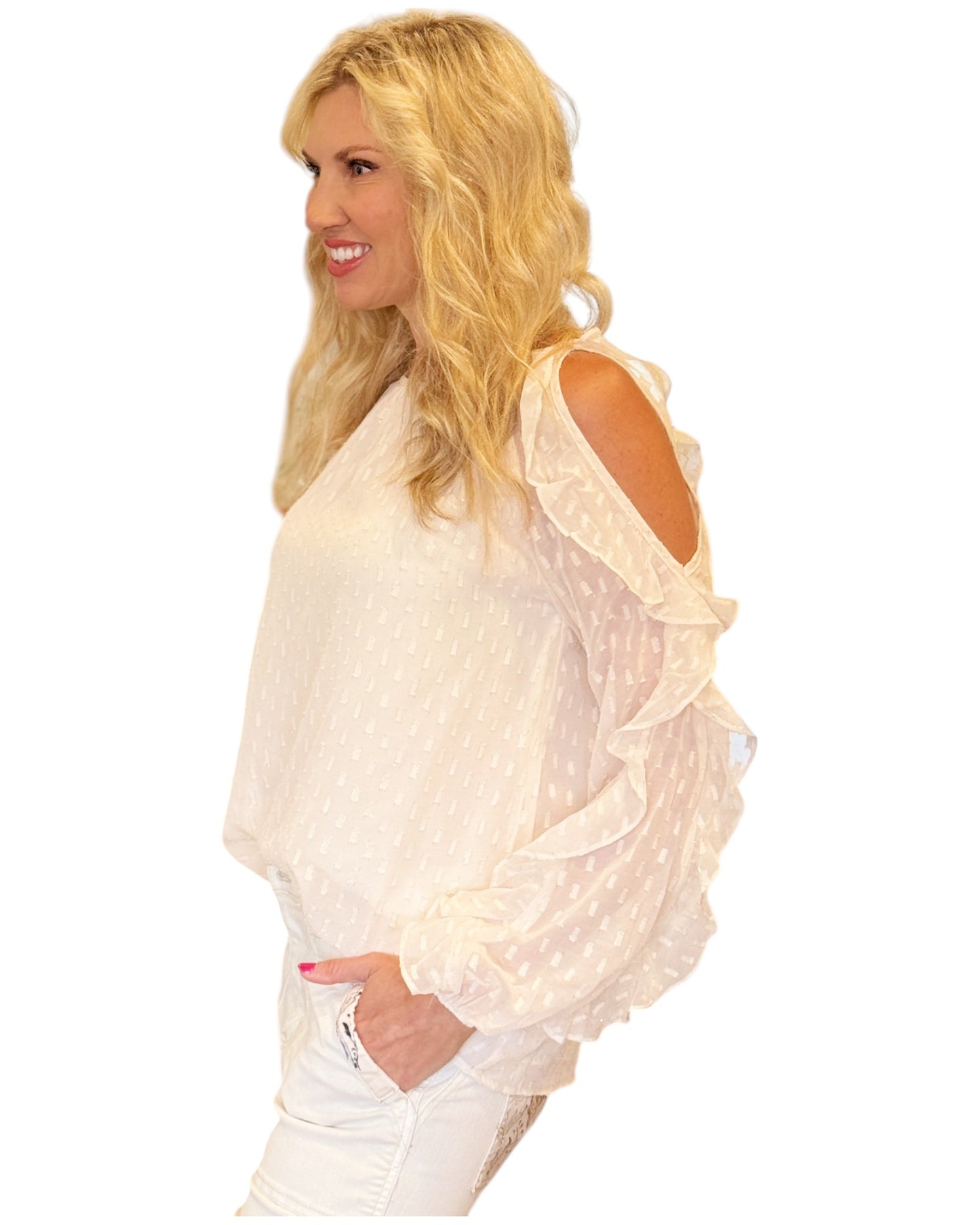 Ivory and Gold Cold Shoulder Ruffle Sleeve Blouse