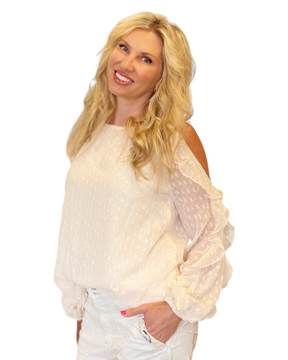 Ivory and Gold Cold Shoulder Ruffle Sleeve Blouse