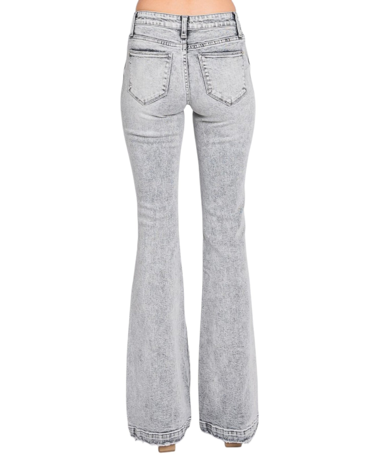 Grey Acid Wash Distressed Mid-Rise Stretch Flare Jeans