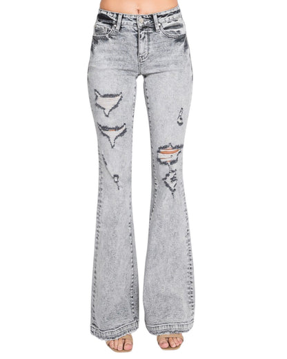 Grey Acid Wash Distressed Mid-Rise Stretch Flare Jeans