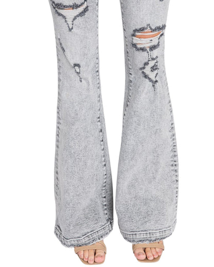 Grey Acid Wash Distressed Mid-Rise Stretch Flare Jeans