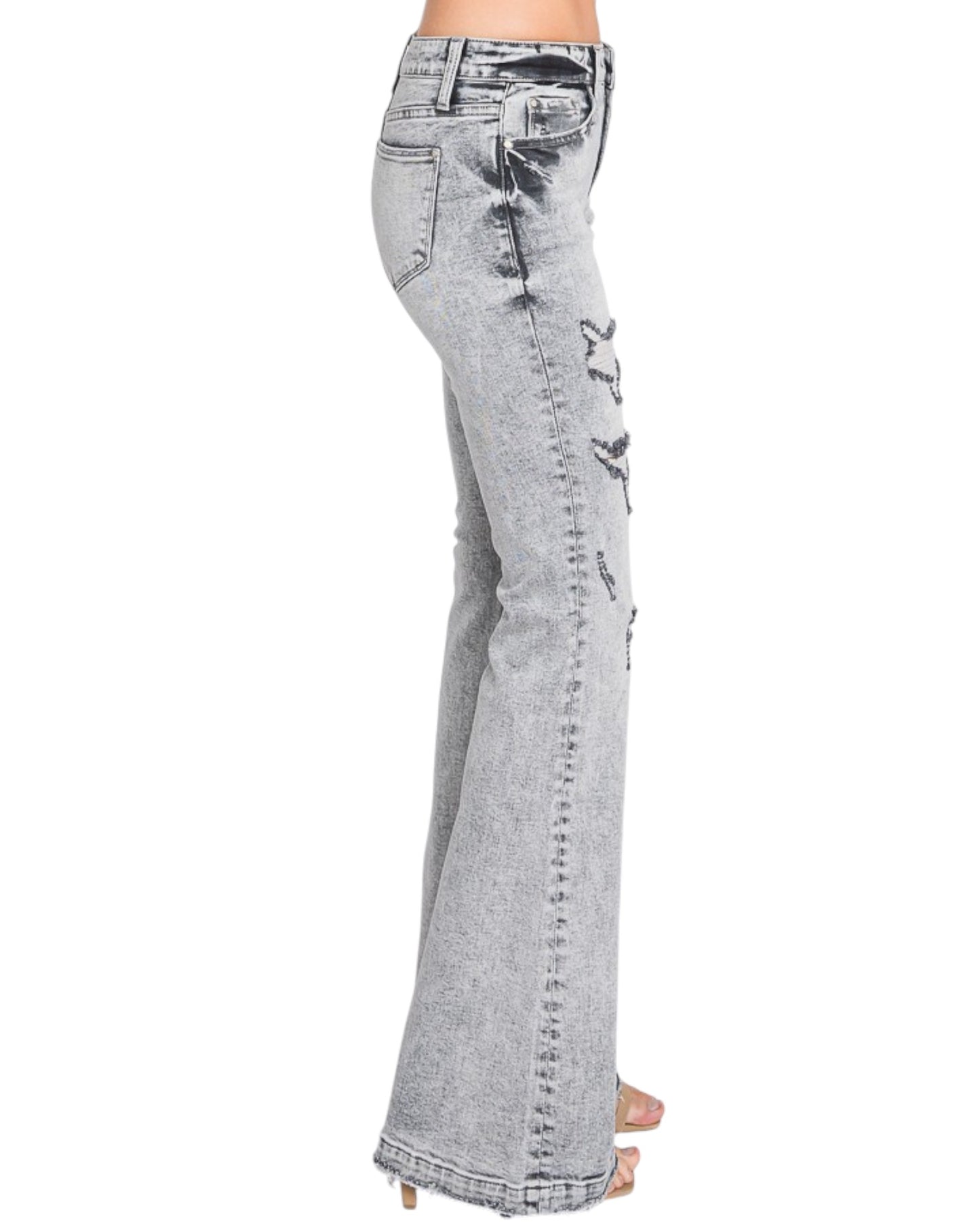 Grey Acid Wash Distressed Mid-Rise Stretch Flare Jeans