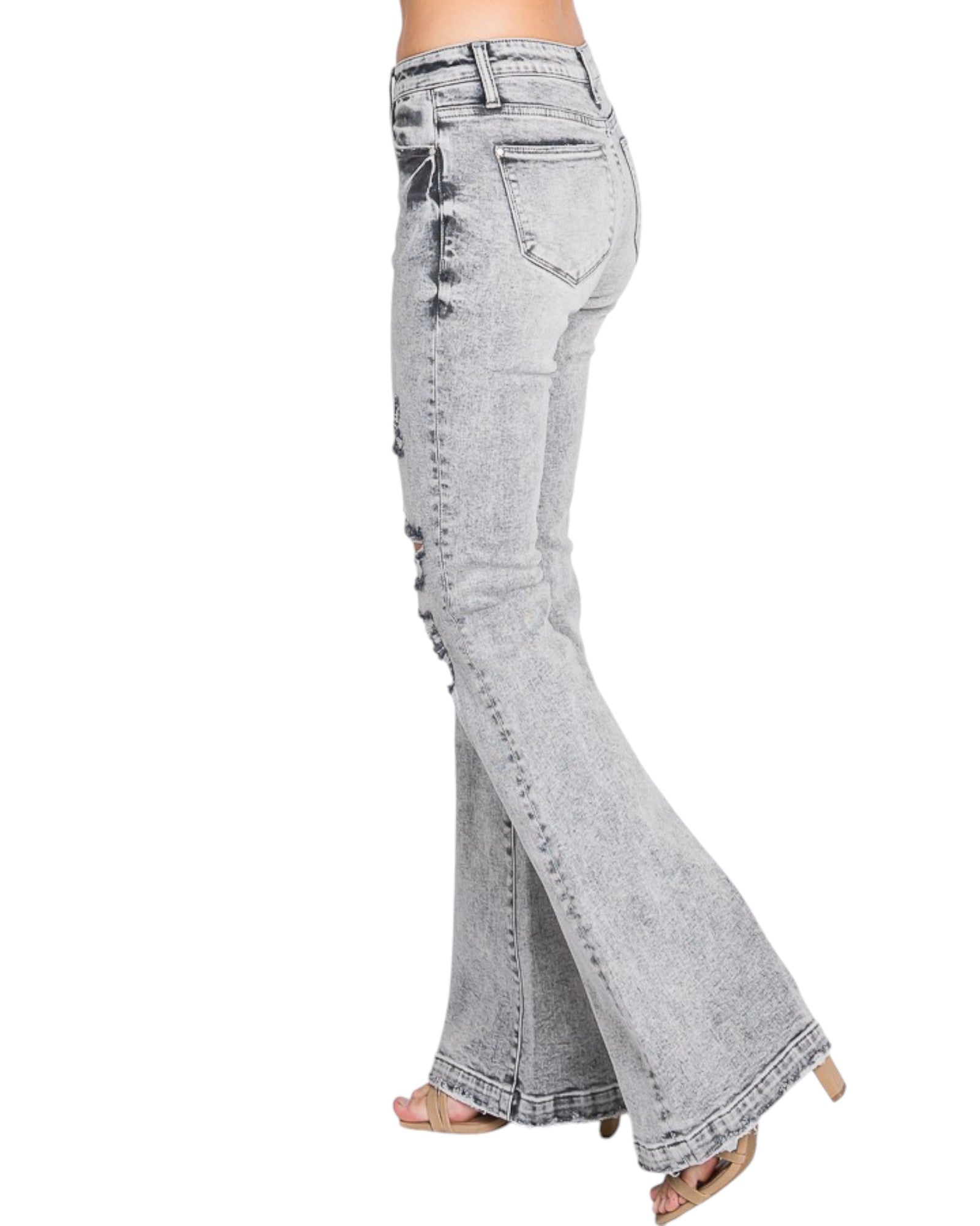 Grey Acid Wash Distressed Mid-Rise Stretch Flare Jeans