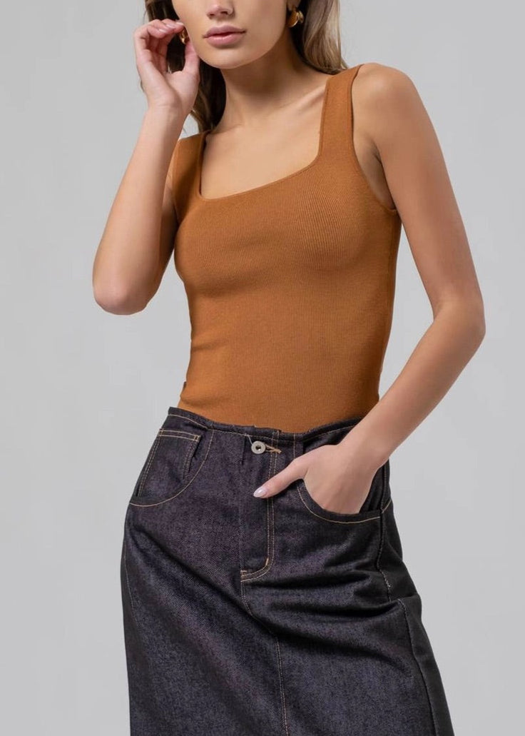 Cinnamon-colored ribbed knit tank with a square neckline and wide straps.