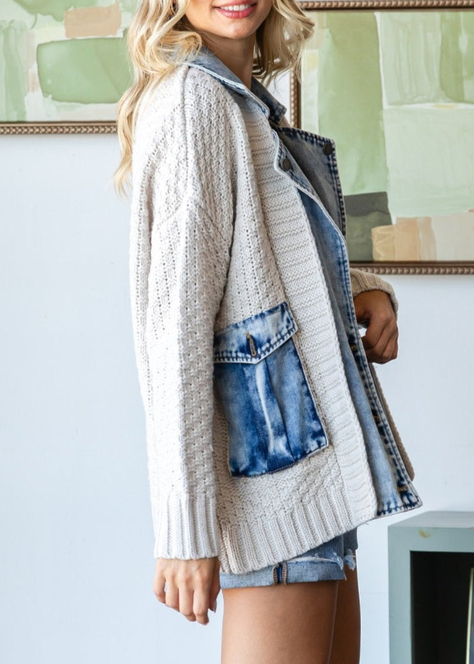 Oatmeal knit and blue denim mix sweater jacket with a button lapel and relaxed fit.