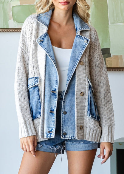 Oatmeal knit and blue denim mix sweater jacket with a button lapel and relaxed fit.