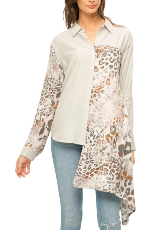 Leopard Luxe High-Low Button-Up Top with scarf-style leopard print inset, long sleeves, and asymmetrical hem in neutral tones.