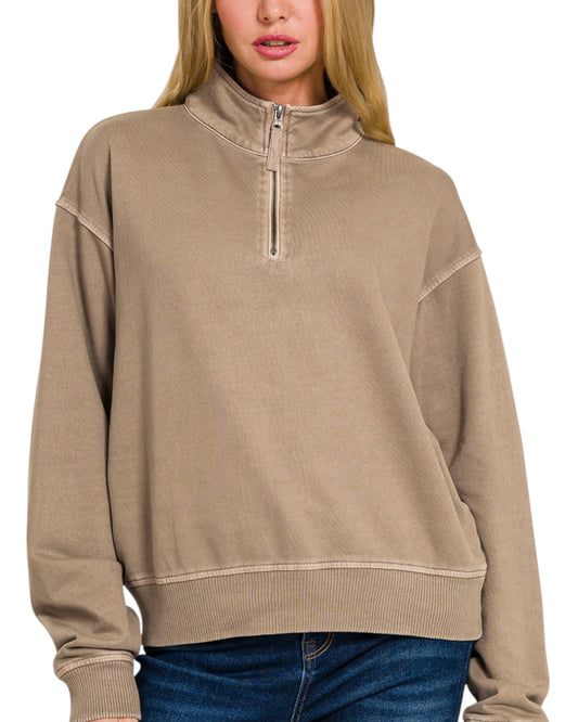 Mocha French Terry 100% Cotton Half Zip Sweatshirt