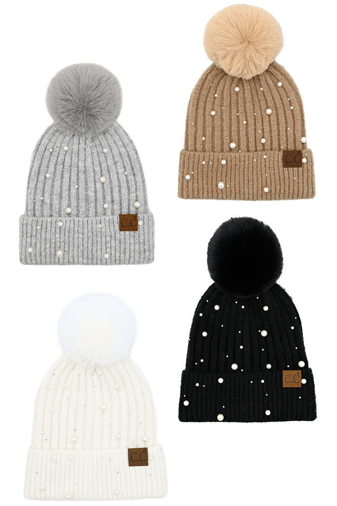 C.C Pearl Embellished Pom Winter Hat