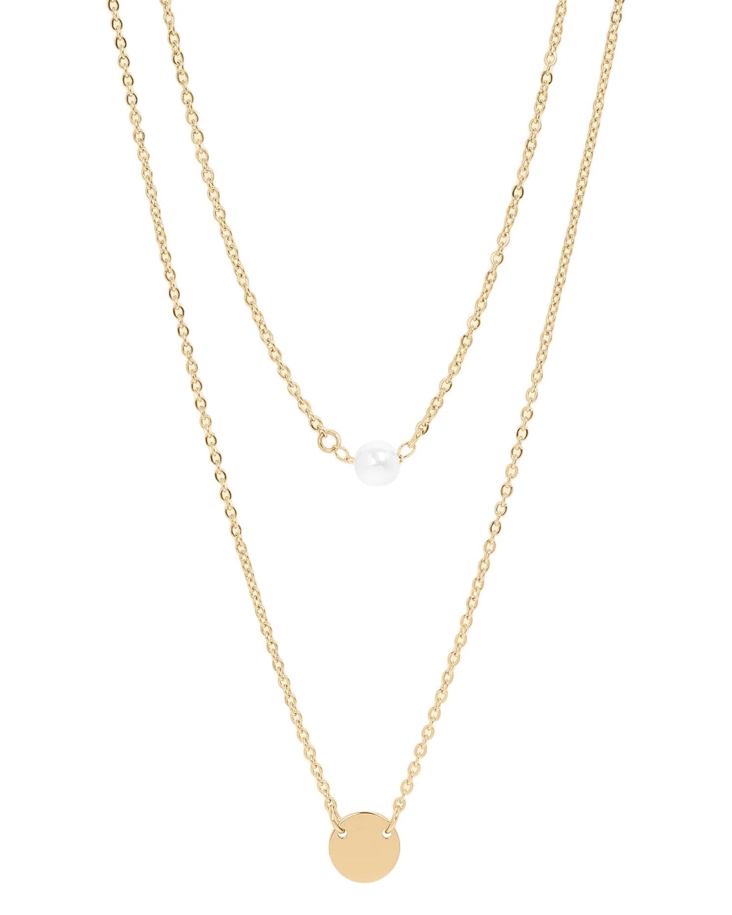 Gold waterproof pearl and disc layered necklace with delicate chains.