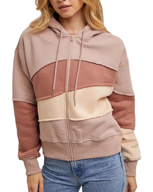 Women's Hoodie Sweatshirt in a patchwork landscape pattern and a blend of neutral tan and rose tones.