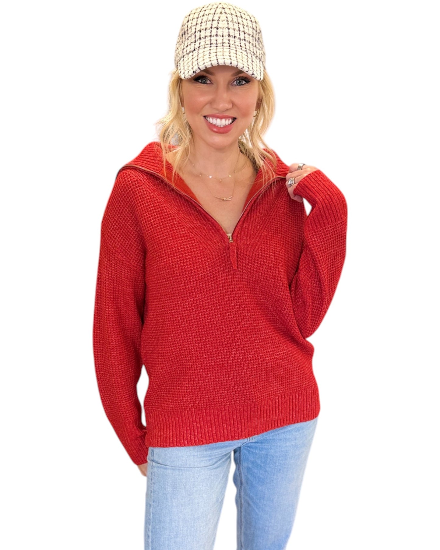 Bright Ruby Red half-zip sweater with a textured knit and relaxed fit. 