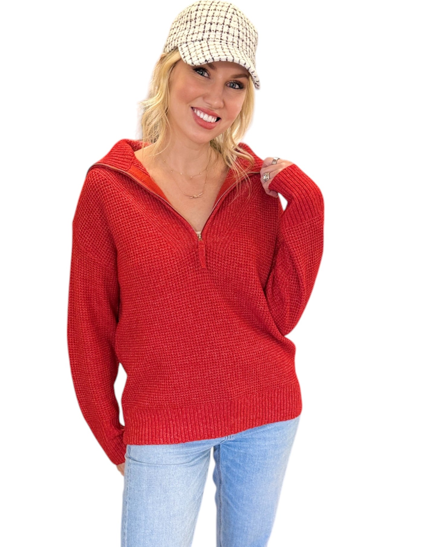 Bright Ruby Red half-zip sweater with a textured knit and relaxed fit. 