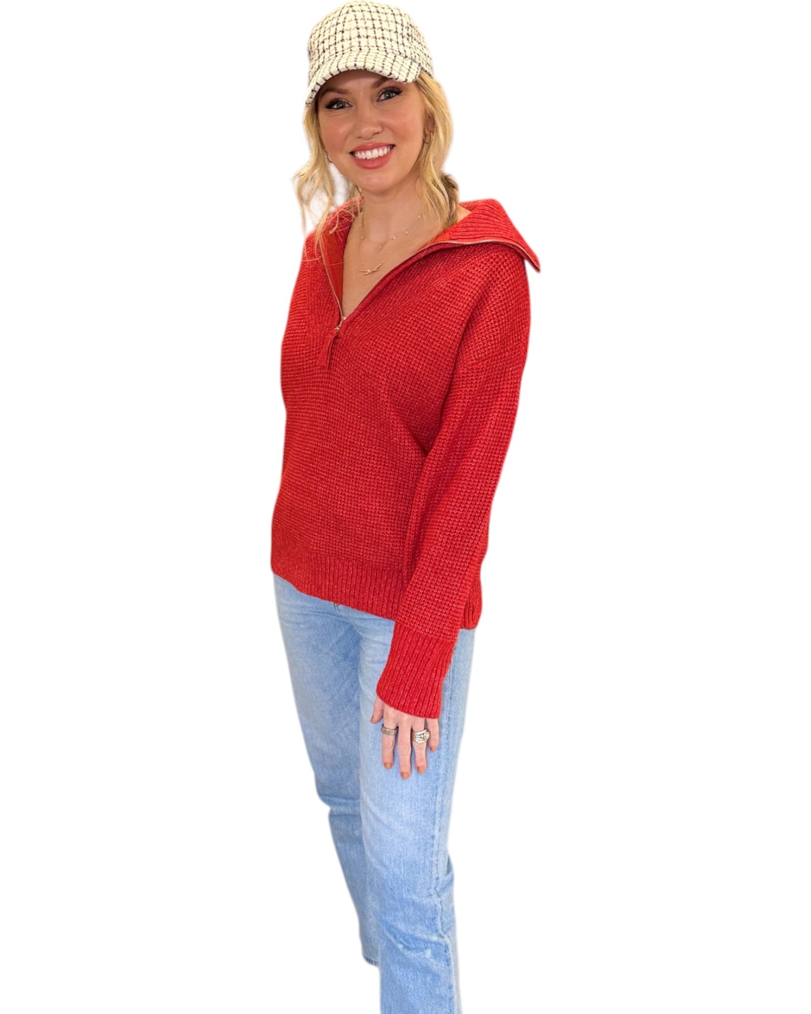 Bright Ruby Red half-zip sweater with a textured knit and relaxed fit. 