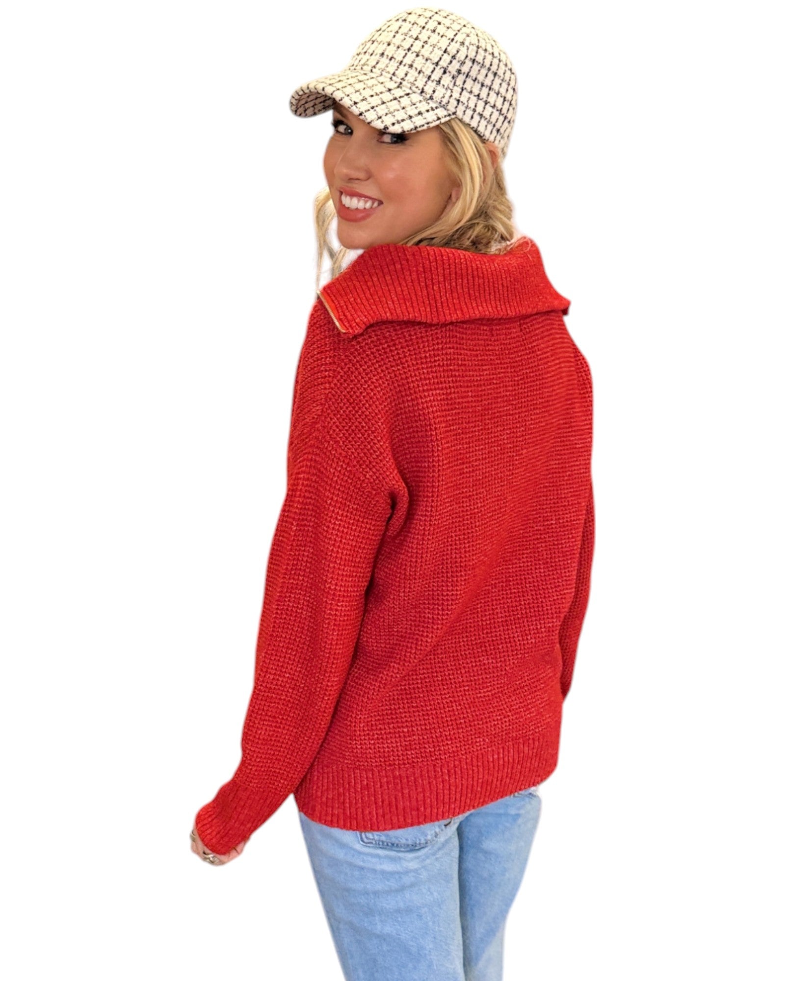 Bright Ruby Red half-zip sweater with a textured knit and relaxed fit. 