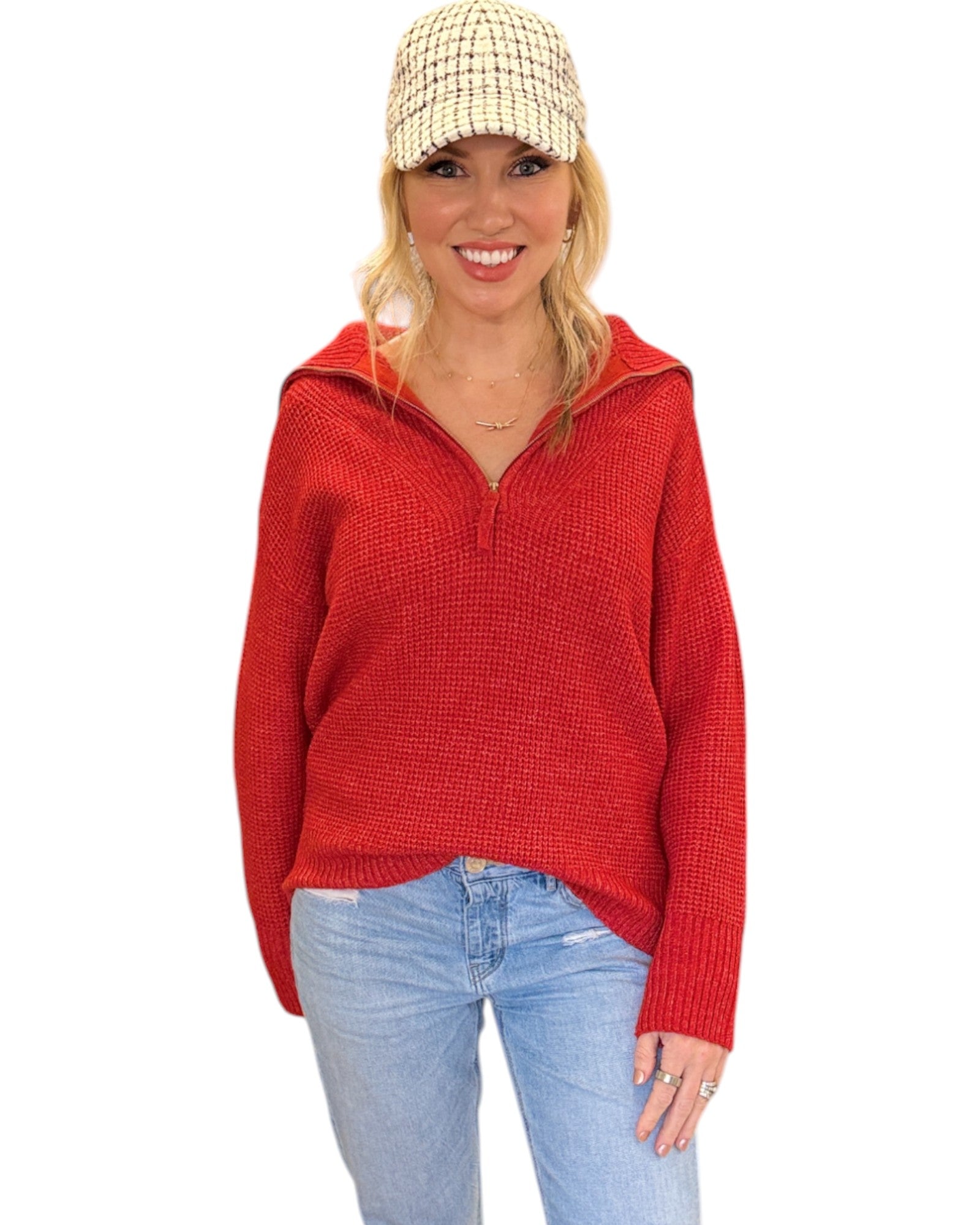 Bright Ruby Red half-zip sweater with a textured knit and relaxed fit. 