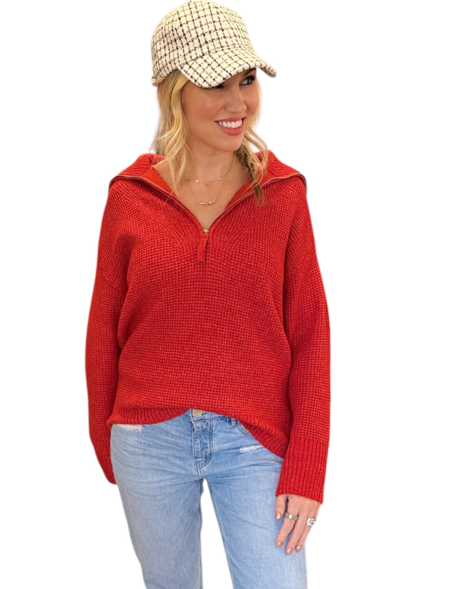 Bright Ruby Red half-zip sweater with a textured knit and relaxed fit. 