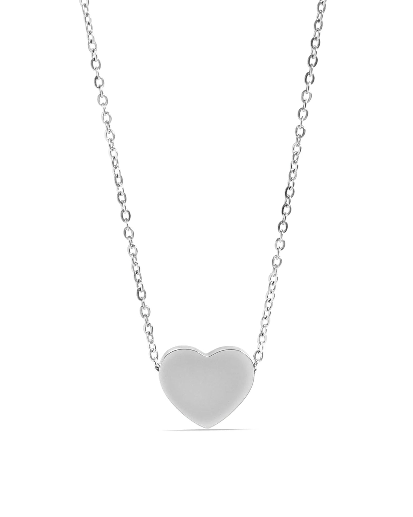 Silver waterproof heart necklace with a dainty, minimalist chain.